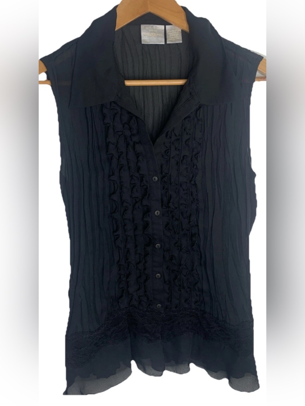 Tailor B Moss Y2K Black Sleeveless Sheer Ruffle/ Lace Top Size L Whimsigoth Sexy